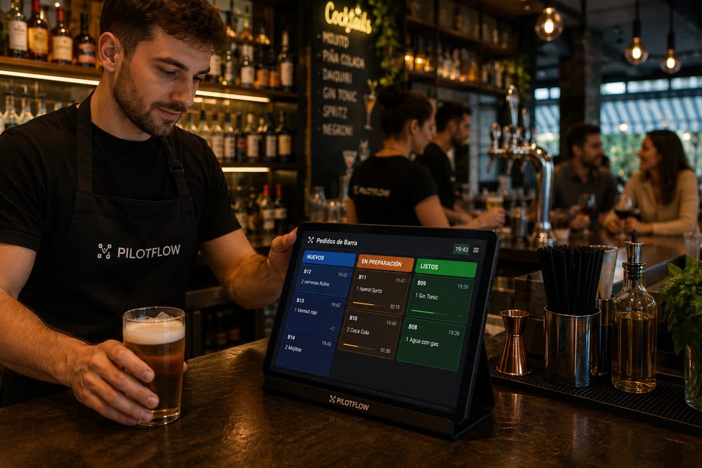 Camarero de barra de PilotFlow con la pantalla de pedidos de barra