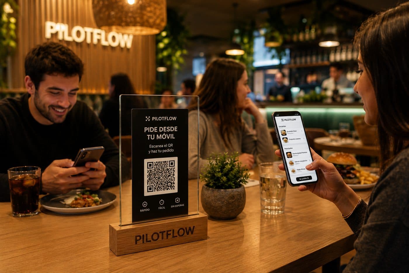 Cliente escaneando el QR de PilotFlow en la mesa para pedir desde el móvil